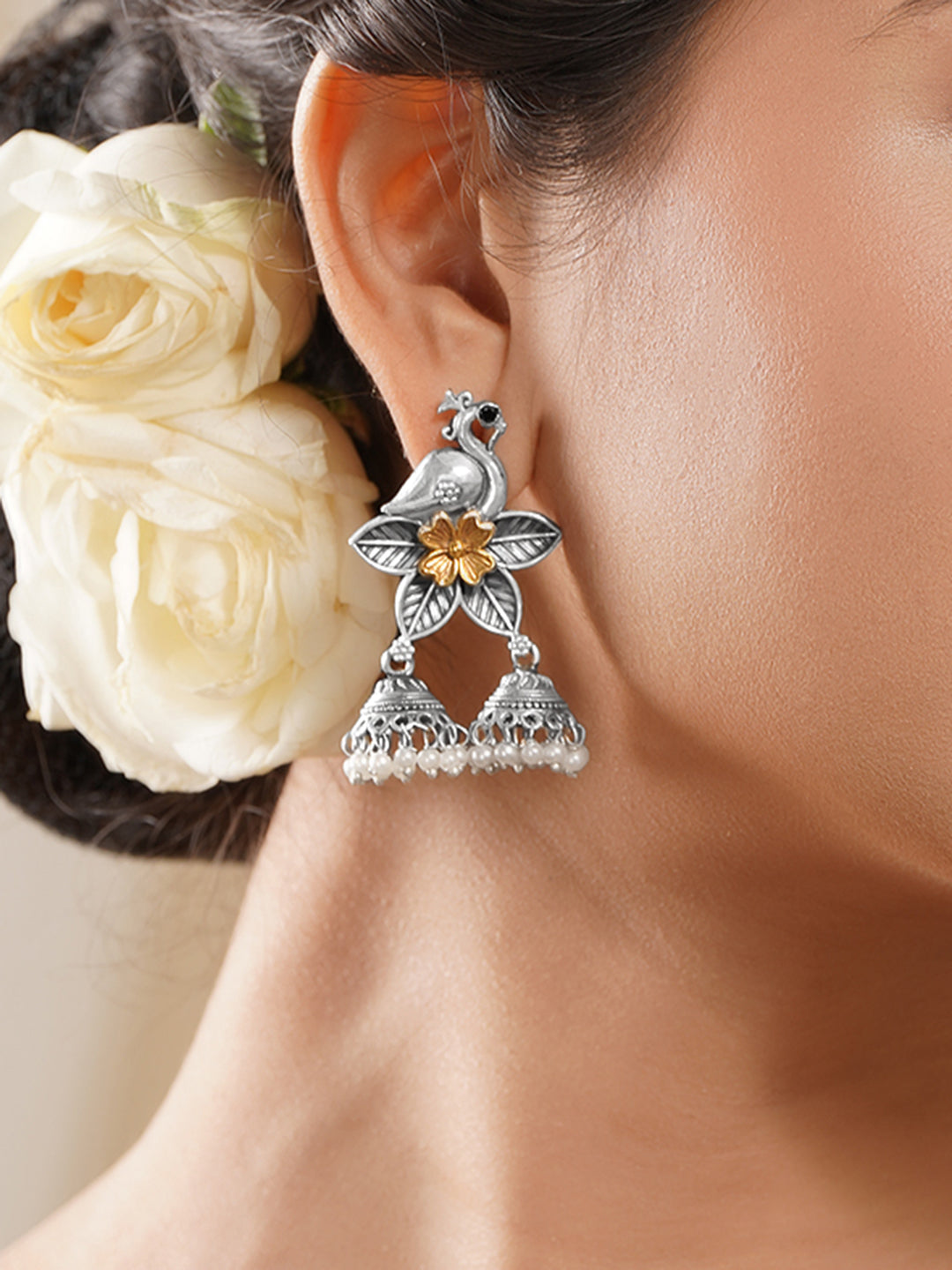 Rubans Oxidised Silver Gold Brass Bird Floral Pearl Jhumki Dangler Earrings フリーサイズ