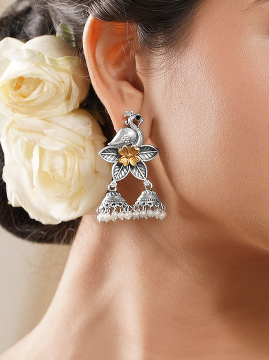 Rubans Oxidised Silver Gold Brass Bird Floral Pearl Jhumki Dangler Earrings フリーサイズ