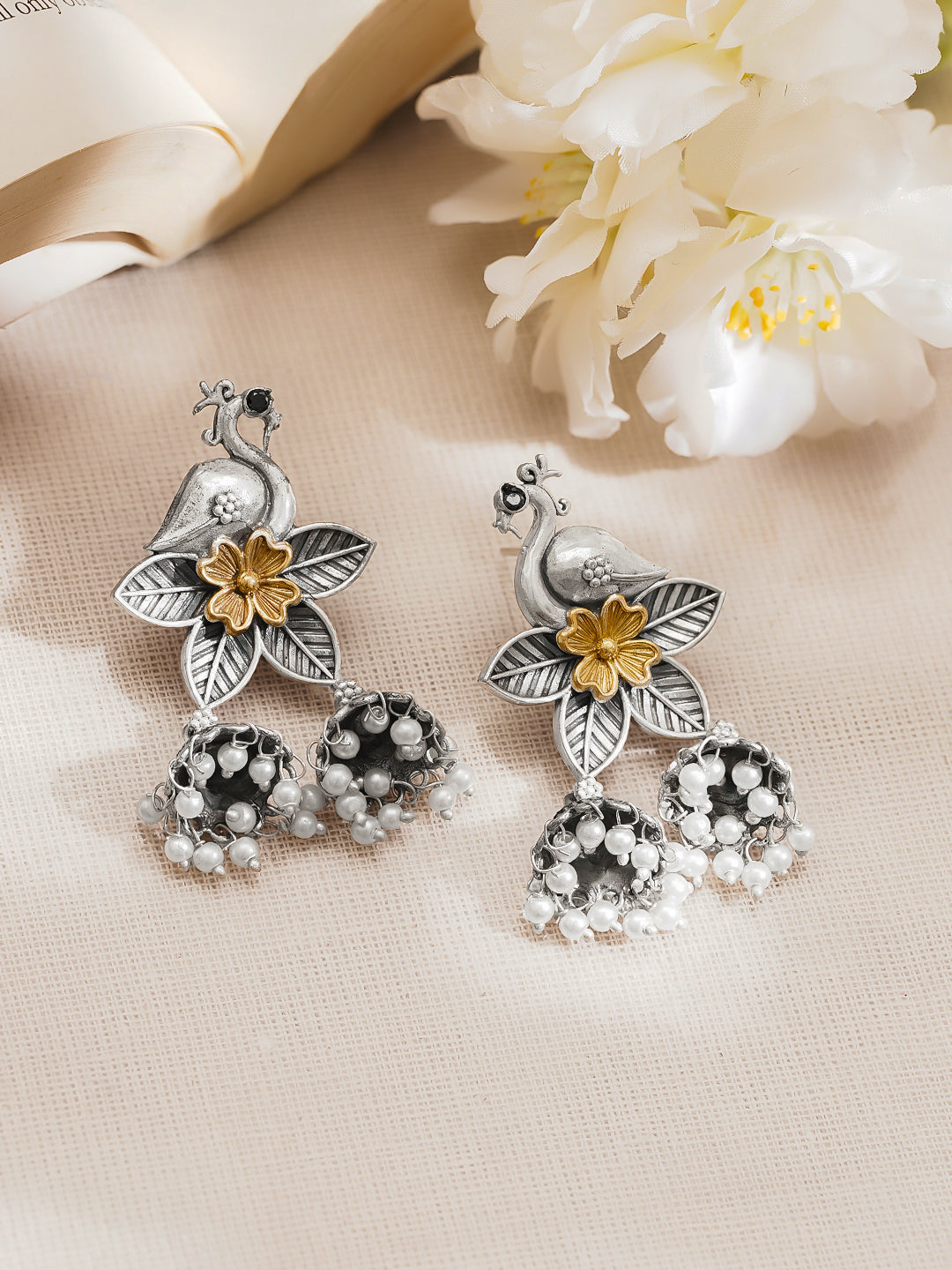 Rubans Oxidised Silver Gold Brass Bird Floral Pearl Jhumki Dangler Earrings フリーサイズ
