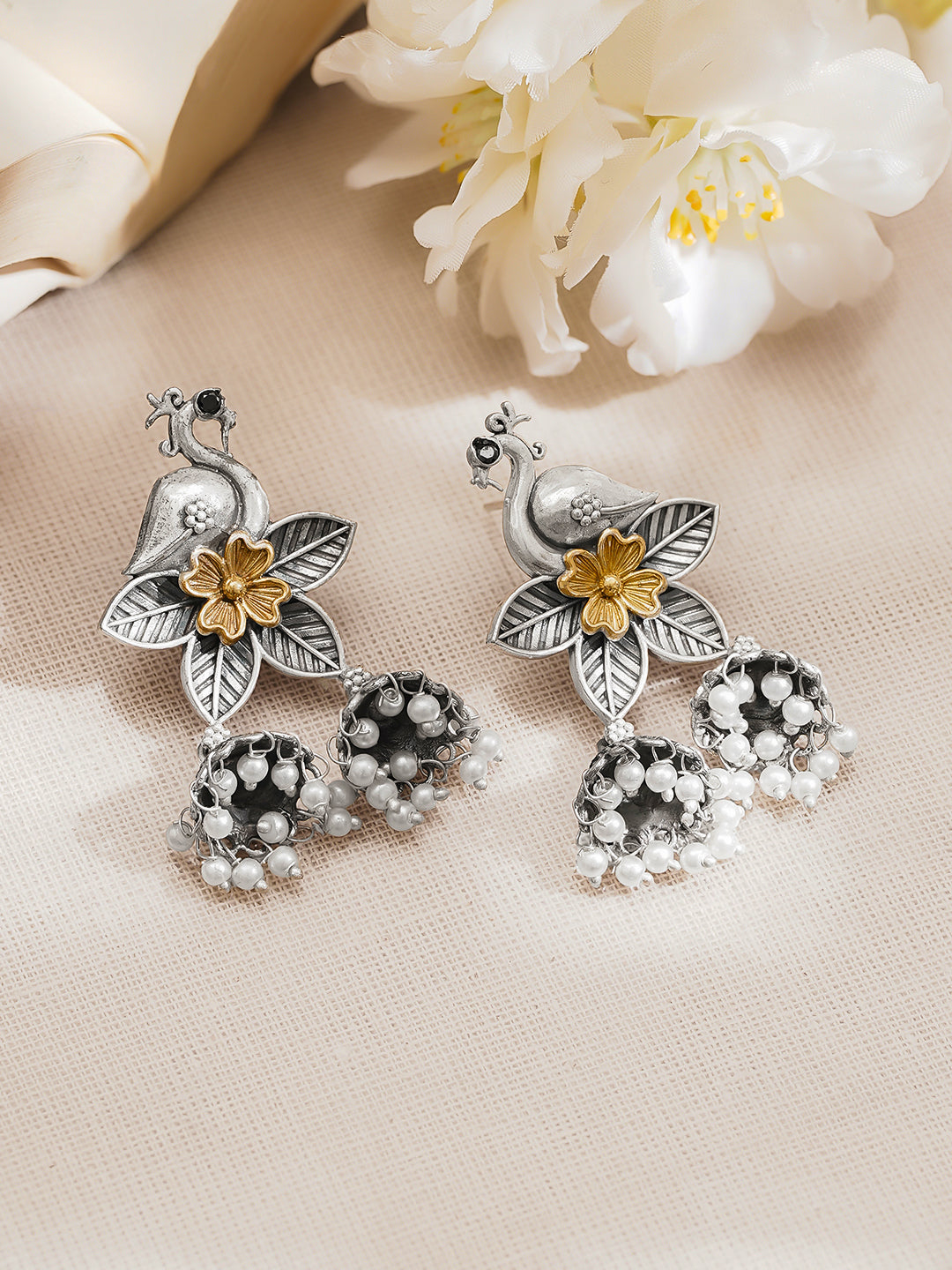 Rubans Oxidised Silver Gold Brass Bird Floral Pearl Jhumki Dangler Earrings フリーサイズ