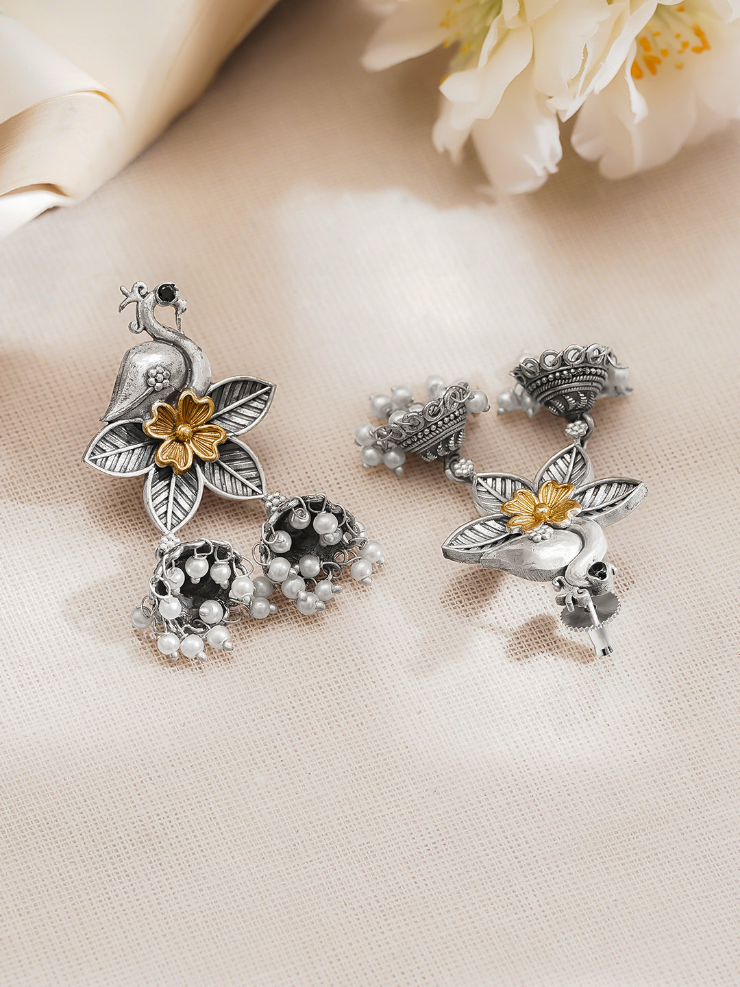 Rubans Oxidised Silver Gold Brass Bird Floral Pearl Jhumki Dangler Earrings フリーサイズ