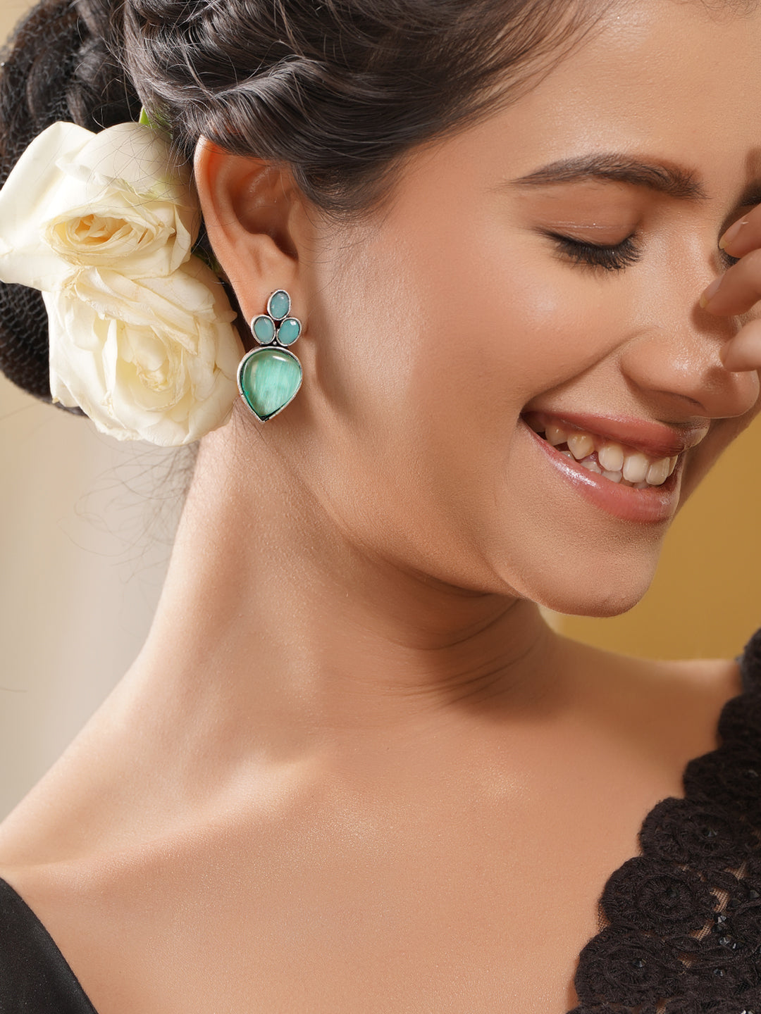 Rubans Oxidised Silver Plated Brass Pastel Green Blue Drop Earrings フリーサイズ