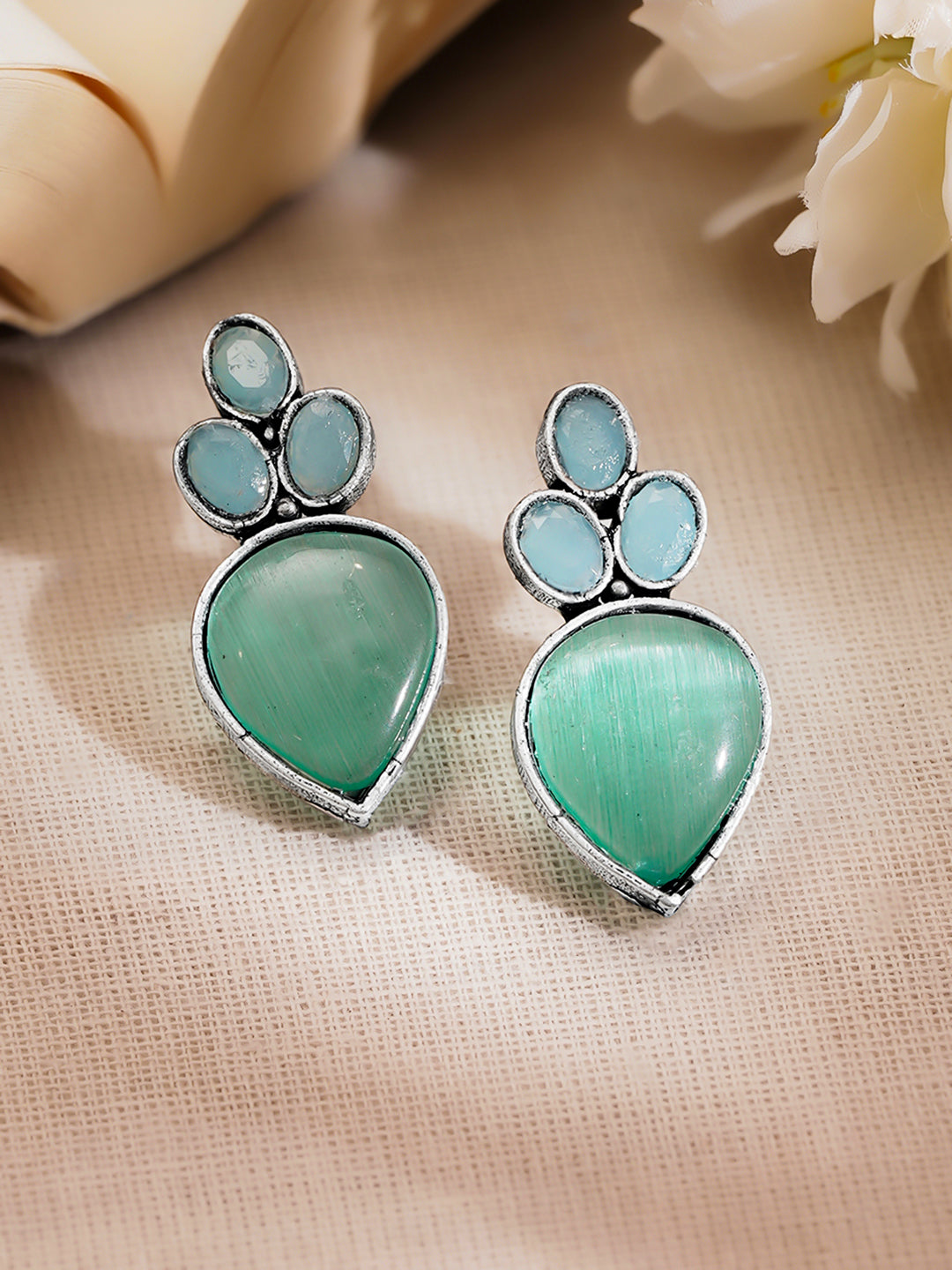 Rubans Oxidised Silver Plated Brass Pastel Green Blue Drop Earrings フリーサイズ