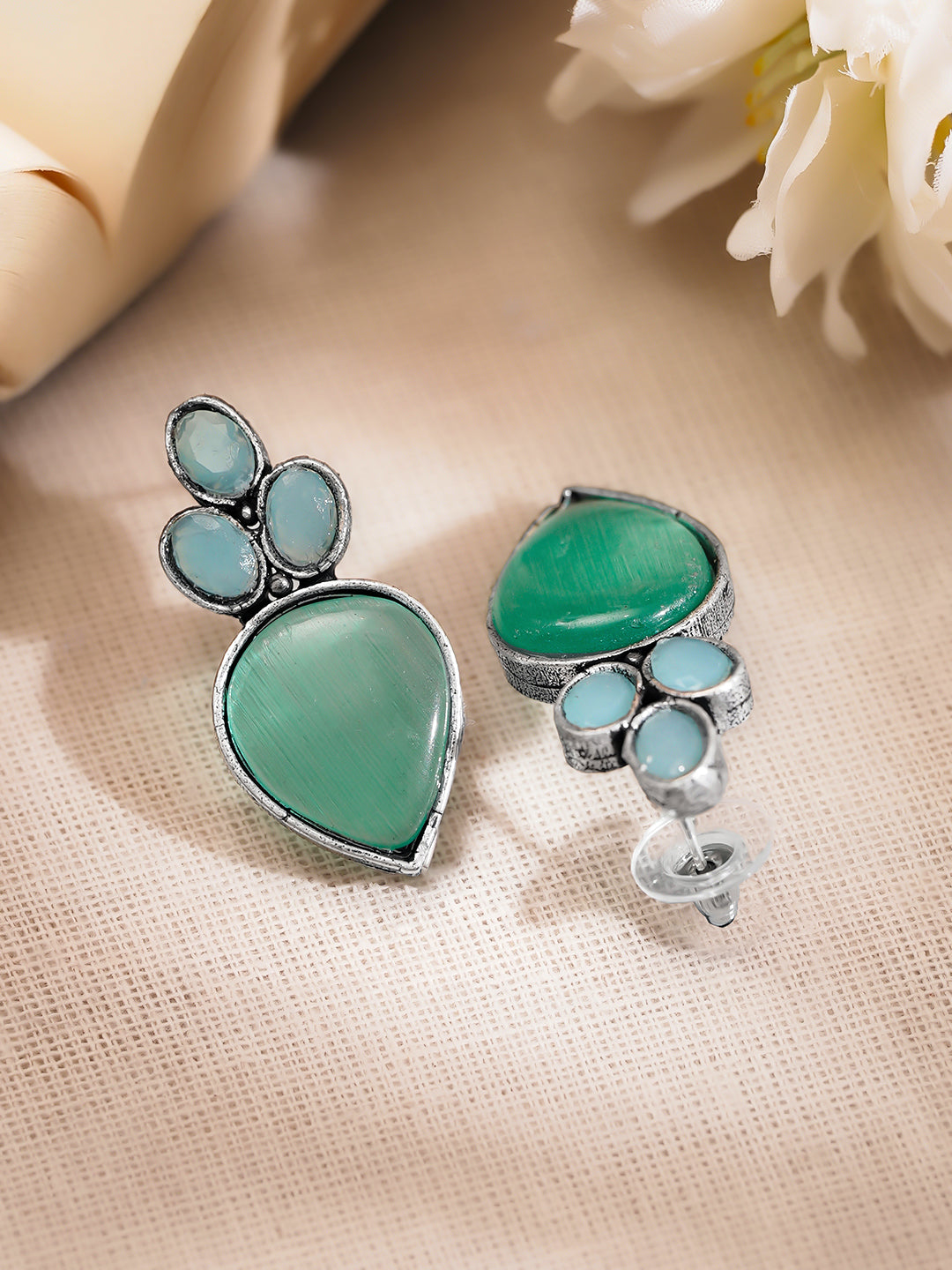 Rubans Oxidised Silver Plated Brass Pastel Green Blue Drop Earrings フリーサイズ