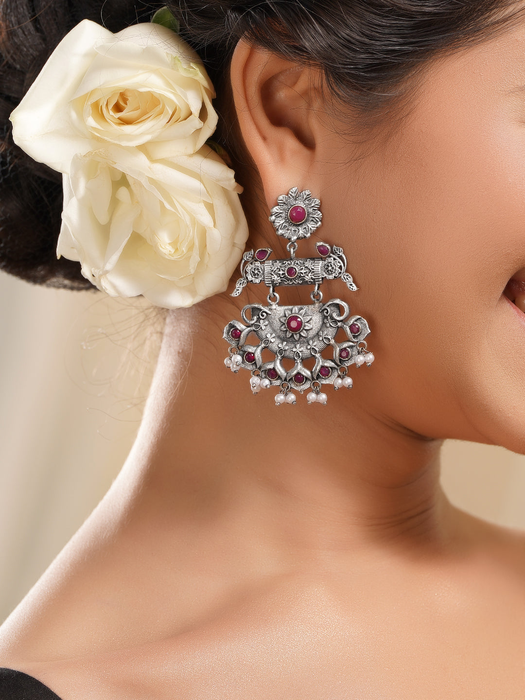 Rubans Oxidised Silver Plated Brass Ruby Red Pearl Chandbali Earrings フリーサイズ