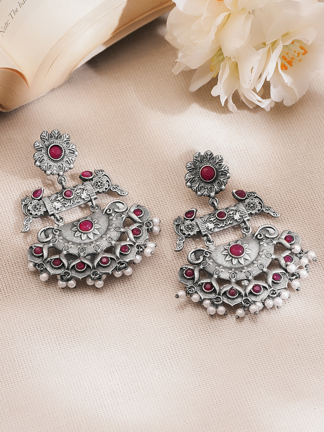 Rubans Oxidised Silver Plated Brass Ruby Red Pearl Chandbali Earrings フリーサイズ