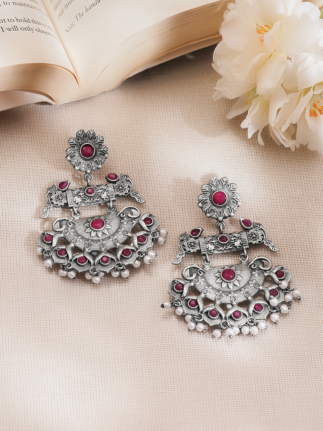 Rubans Oxidised Silver Plated Brass Ruby Red Pearl Chandbali Earrings フリーサイズ