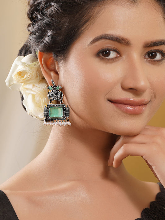 Rubans Oxidised Silver Plated Brass Green Pearl Tribal-Inspired Drop Earrings フリーサイズ