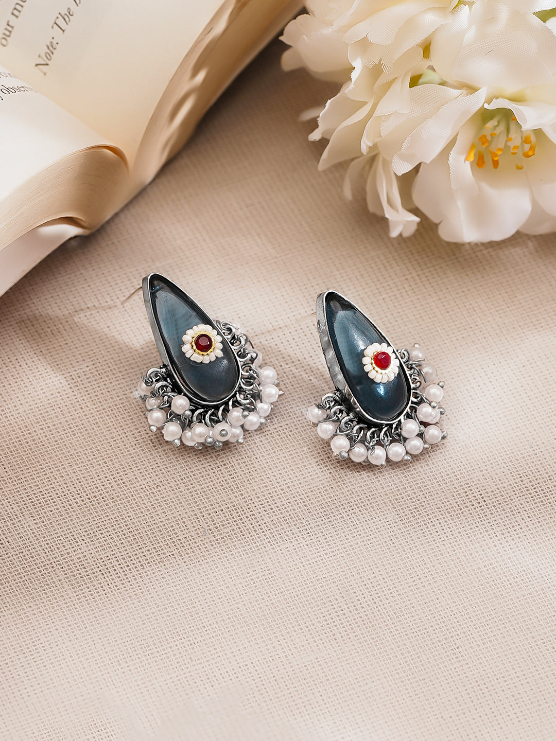 Rubans Oxidised Silver Plated Brass Smoky Blue Cat Eye Pearl Drop Earrings フリーサイズ