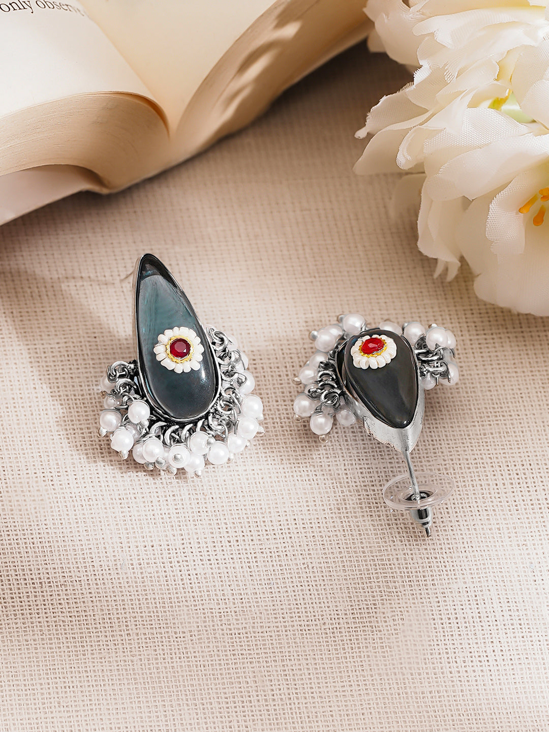 Rubans Oxidised Silver Plated Brass Smoky Blue Cat Eye Pearl Drop Earrings フリーサイズ