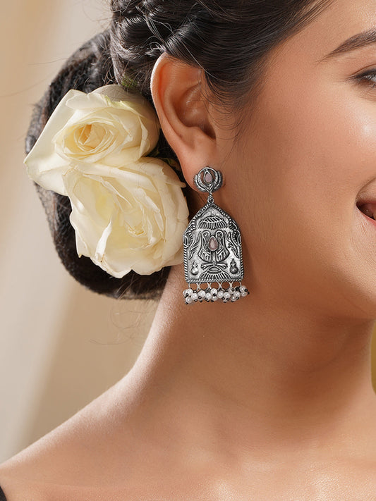 Rubans Oxidised Silver Plated Brass Floral Motif Pearl Drop Earrings フリーサイズ