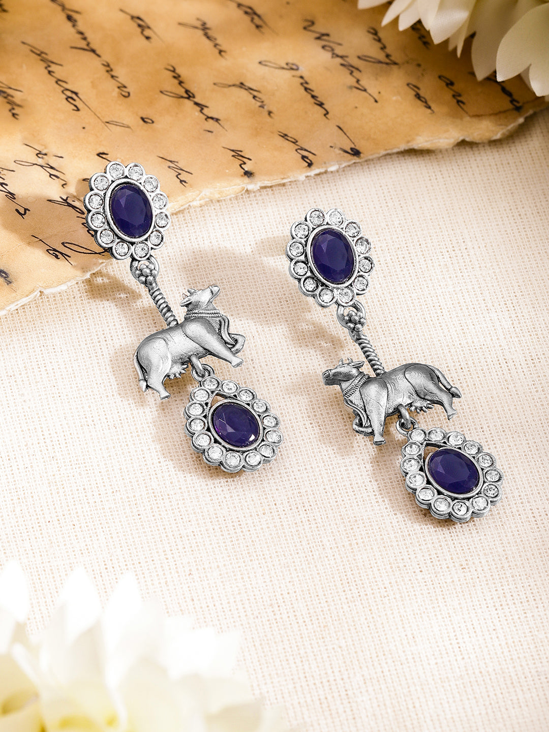 Oxidised Blue Sapphire Elephant Drop Earrings フリーサイズ
