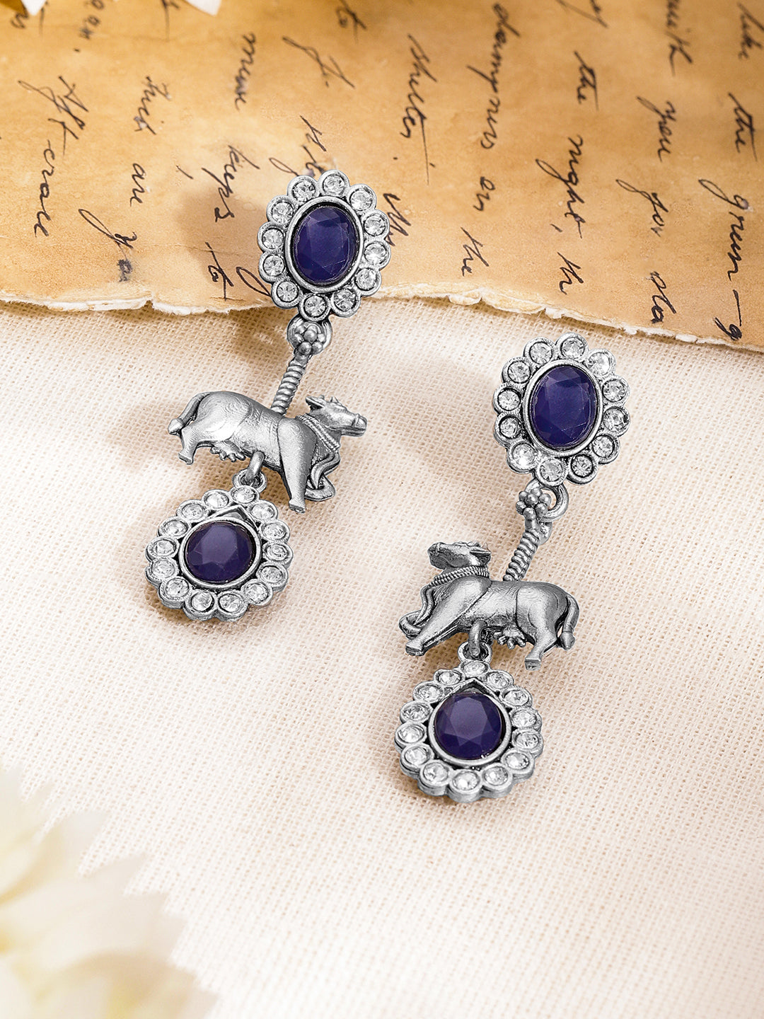 Oxidised Blue Sapphire Elephant Drop Earrings フリーサイズ