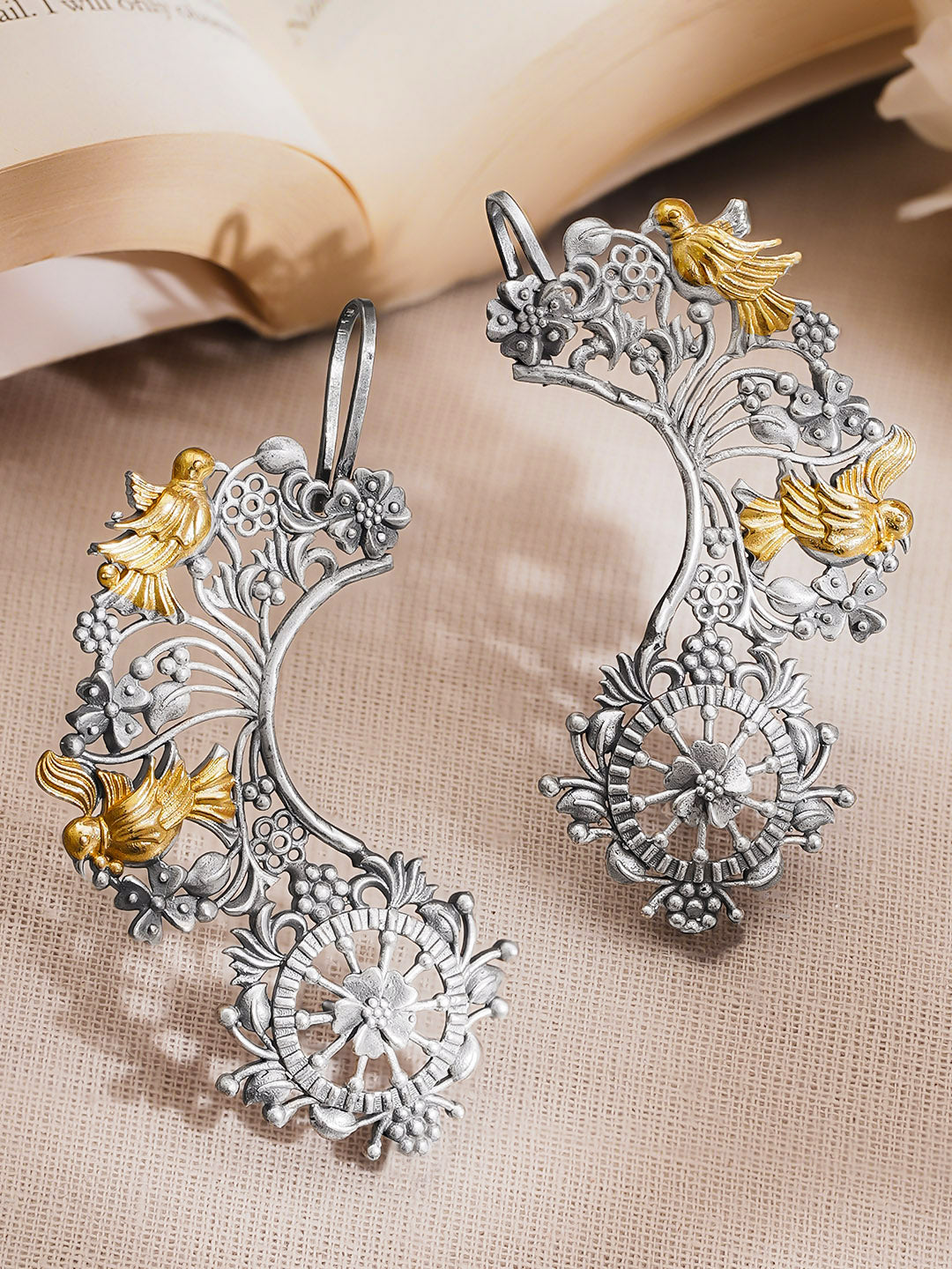 Oxidised Silver Tone Brass Gold Bird Motif Statement Ear Cuff Jewellery フリーサイズ