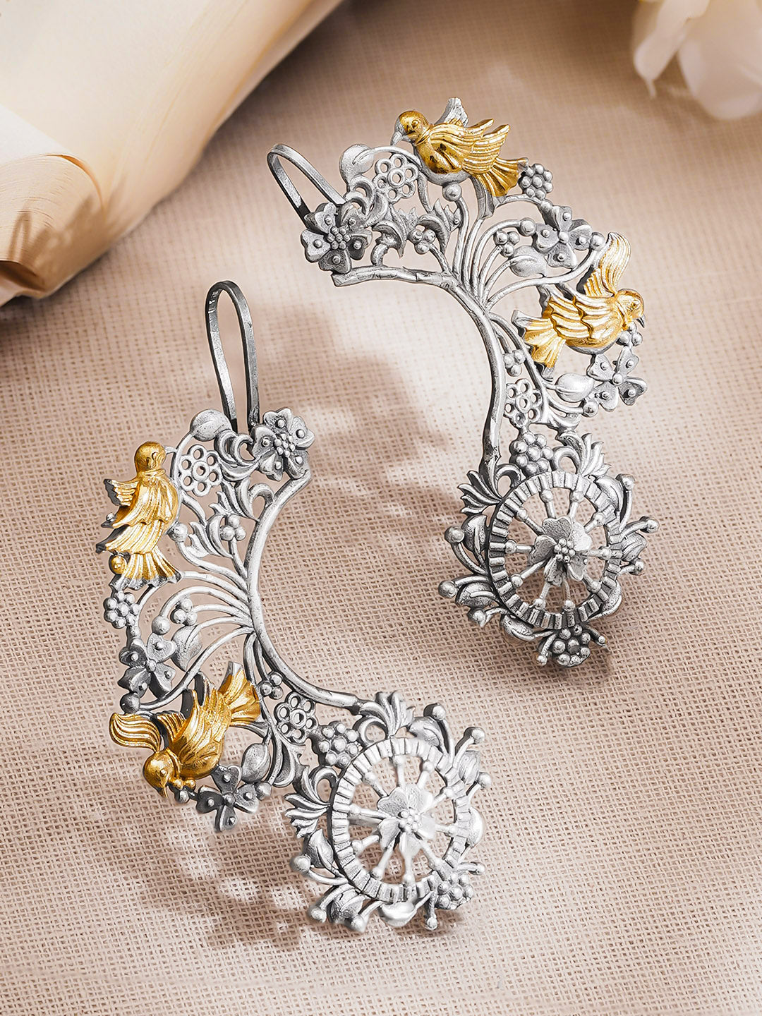 Oxidised Silver Tone Brass Gold Bird Motif Statement Ear Cuff Jewellery フリーサイズ