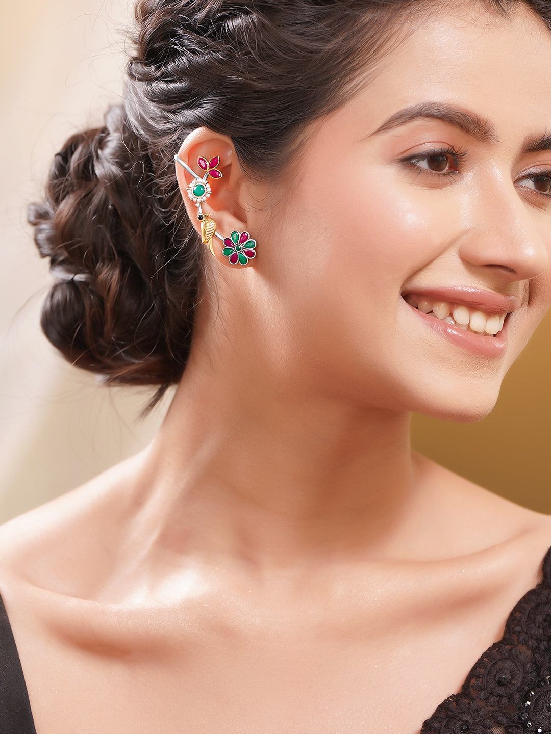 Women Oxidised Silver Tone Brass Multicolour Glass Kundan Pearl Ear Cuffs フリーサイズ