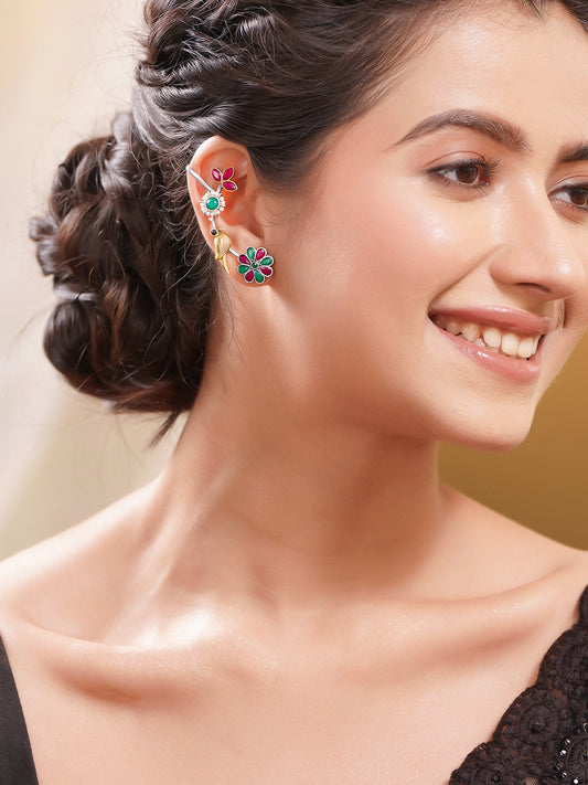 Women Oxidised Silver Tone Brass Multicolour Glass Kundan Pearl Ear Cuffs フリーサイズ