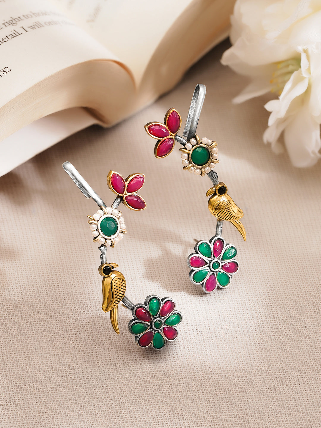 Women Oxidised Silver Tone Brass Multicolour Glass Kundan Pearl Ear Cuffs フリーサイズ