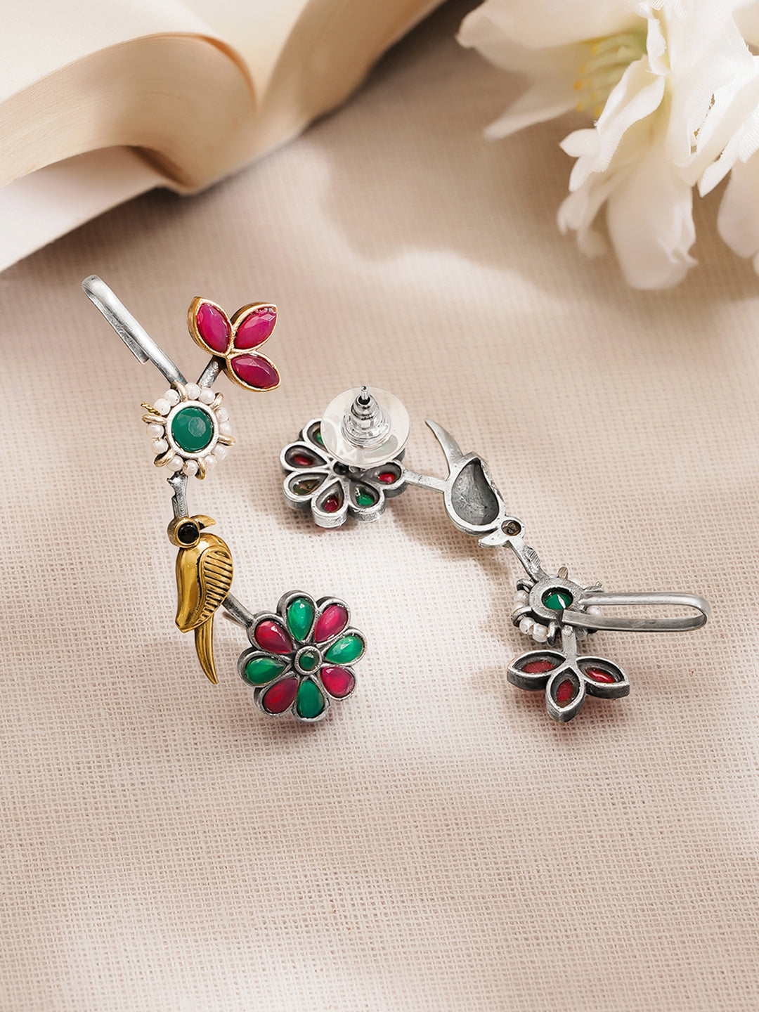 Women Oxidised Silver Tone Brass Multicolour Glass Kundan Pearl Ear Cuffs フリーサイズ