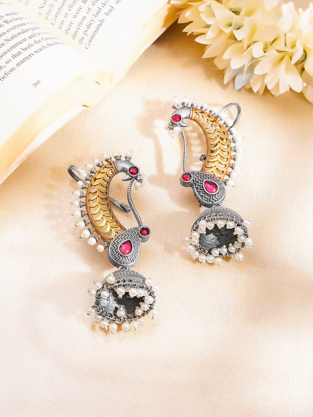 Oxidised Dual Tone Peacock Ear Cuff Jhumka フリーサイズ