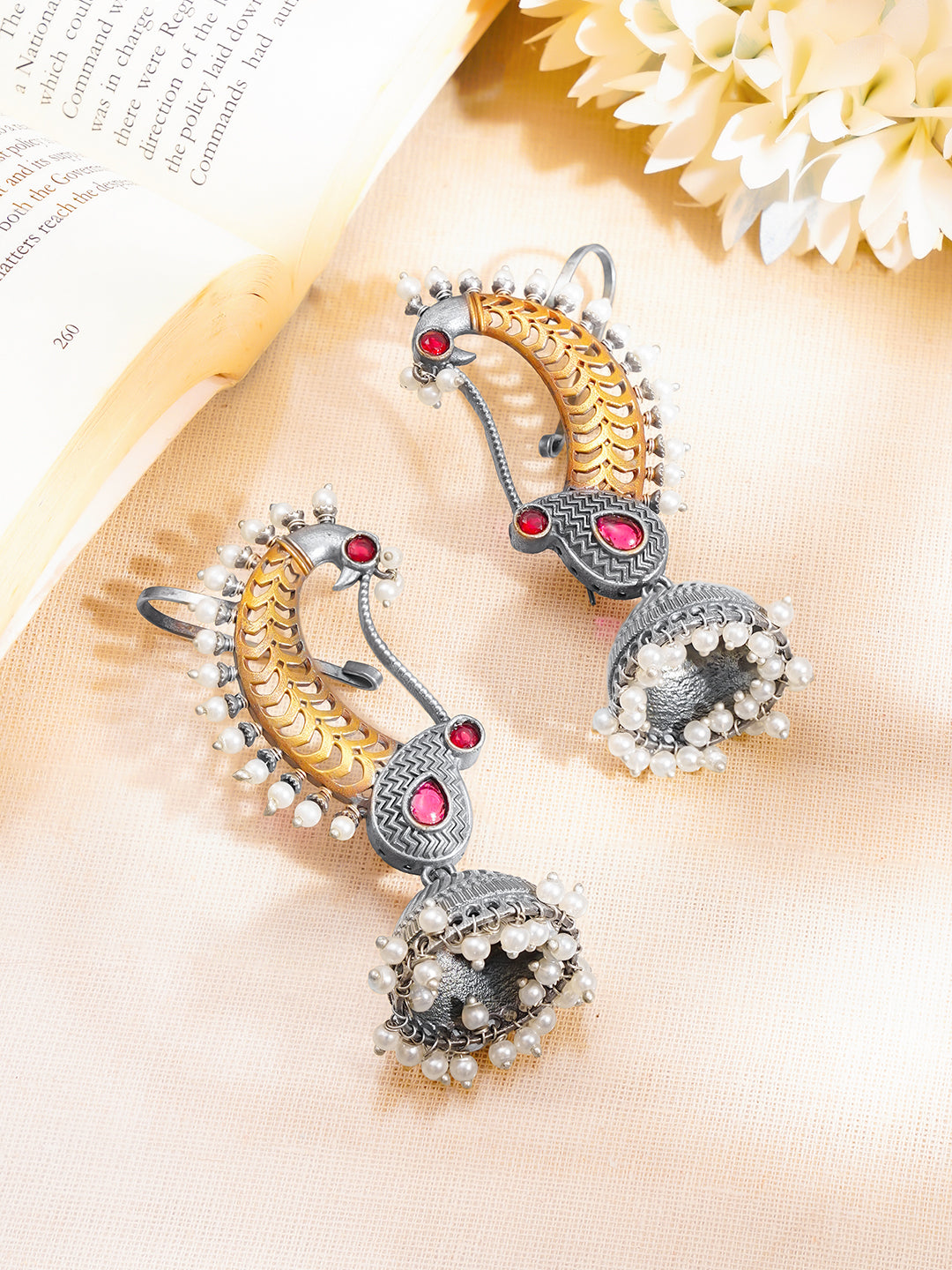 Oxidised Dual Tone Peacock Ear Cuff Jhumka フリーサイズ