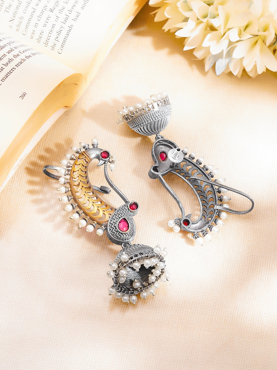 Oxidised Dual Tone Peacock Ear Cuff Jhumka フリーサイズ