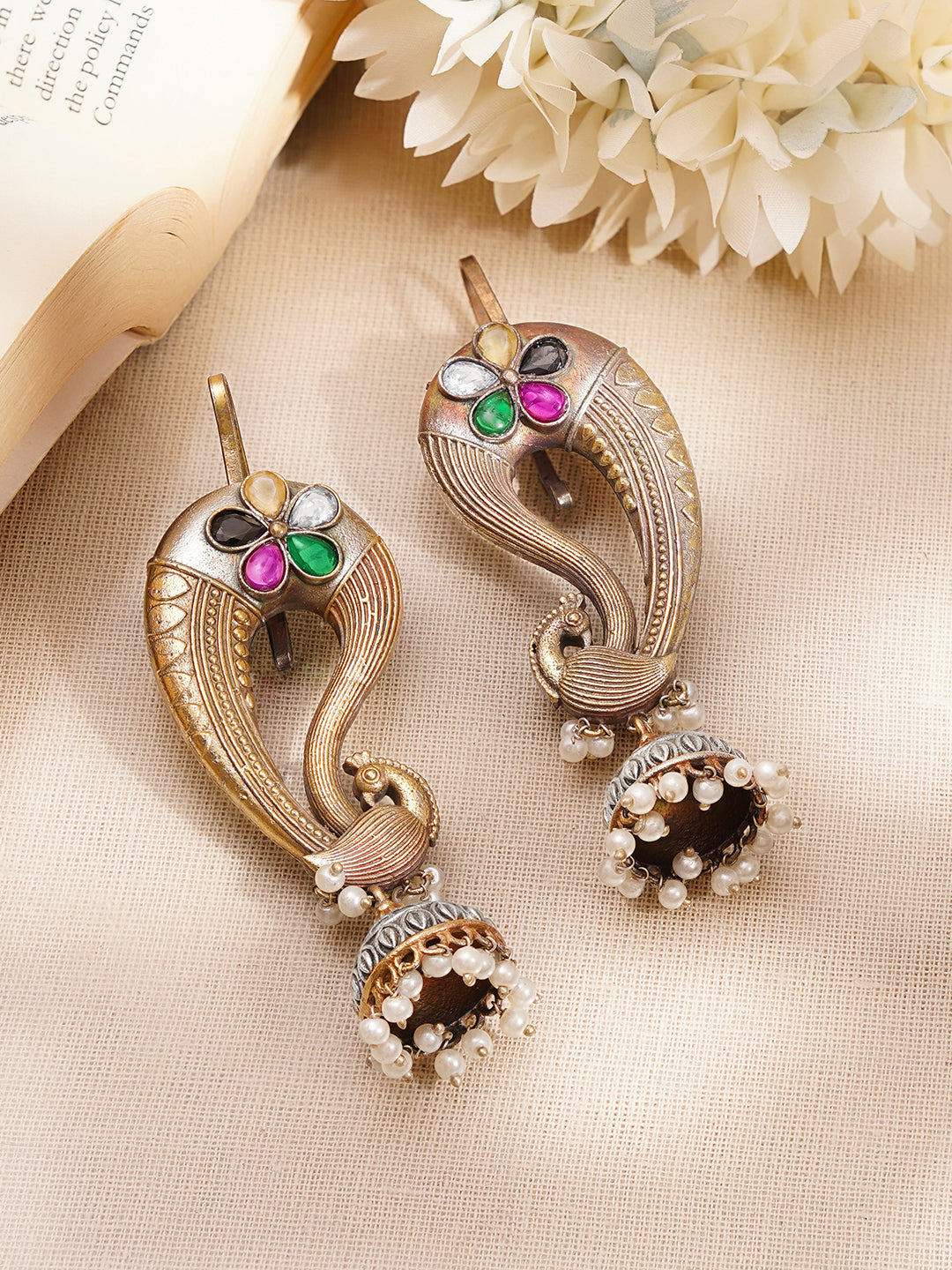 【Rubans】 Oxidised Peacock Motif Pearl Drop Ear Cuff Jhumkas｜オキシダイズド 孔雀モチーフ パールドロップ イヤカフ ジュムカ