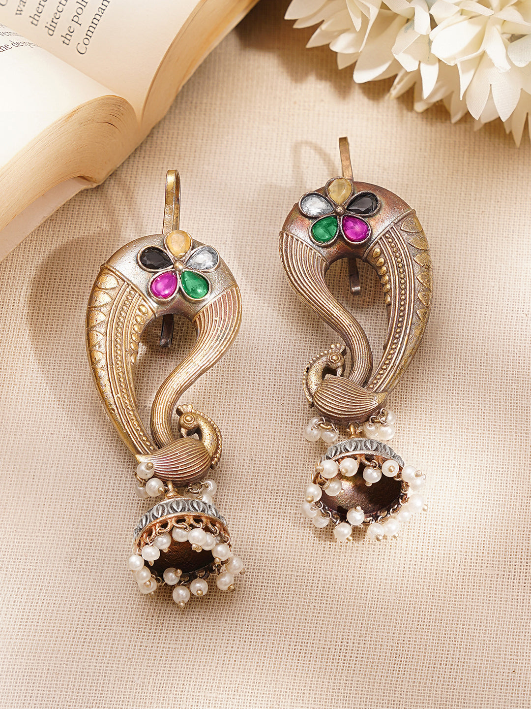 【Rubans】 Oxidised Peacock Motif Pearl Drop Ear Cuff Jhumkas｜オキシダイズド 孔雀モチーフ パールドロップ イヤカフ ジュムカ