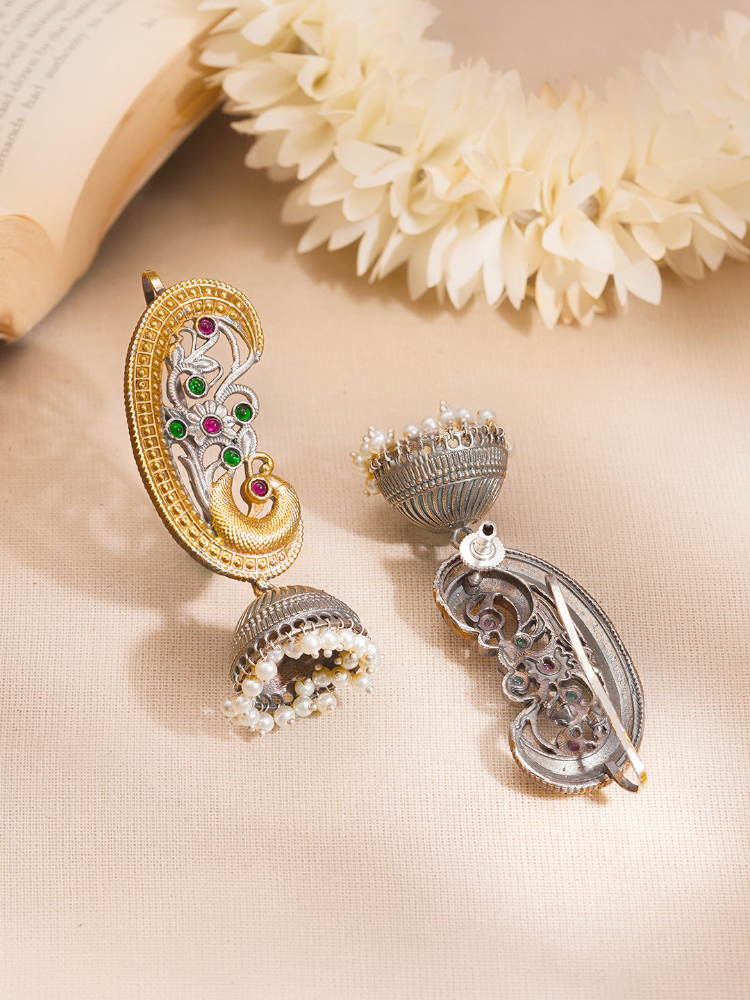 【Rubans】 Oxidised Dual Tone Peacock Motif Ear Cuff Jhumka Earrings｜オキシダイズド デュアルトーン 孔雀モチーフ イヤカフ ジュムカ イヤリング
