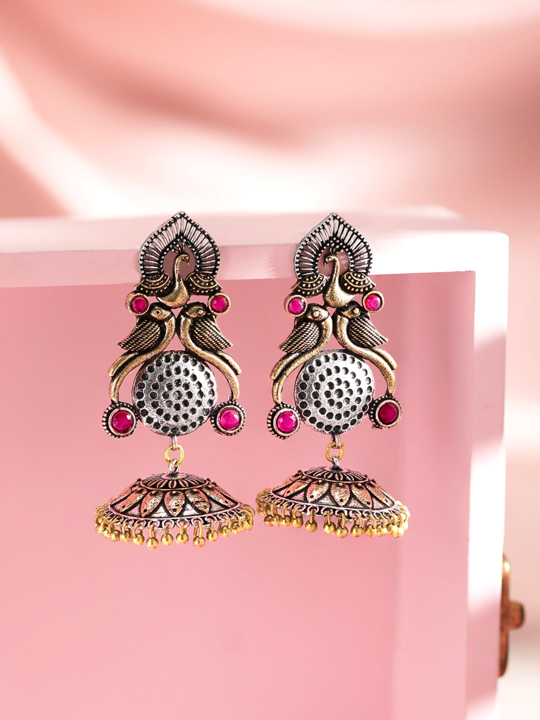 Rubans Silver Plated Handcrafted Oxidised Dual Tone Peacock Shape Jhumka Earrings Silver