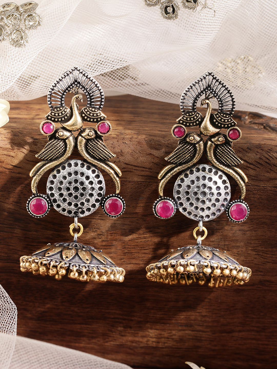 Rubans Silver Plated Handcrafted Oxidised Dual Tone Peacock Shape Jhumka Earrings Silver