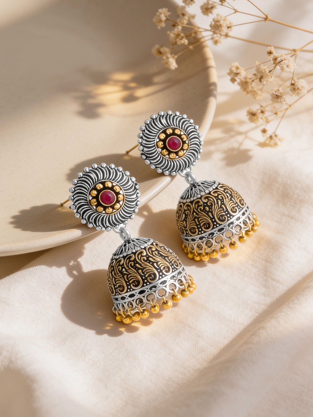 Rubans Silver Plated Handcrafted Oxidised Dual Tone Jhumka Earrings Silver