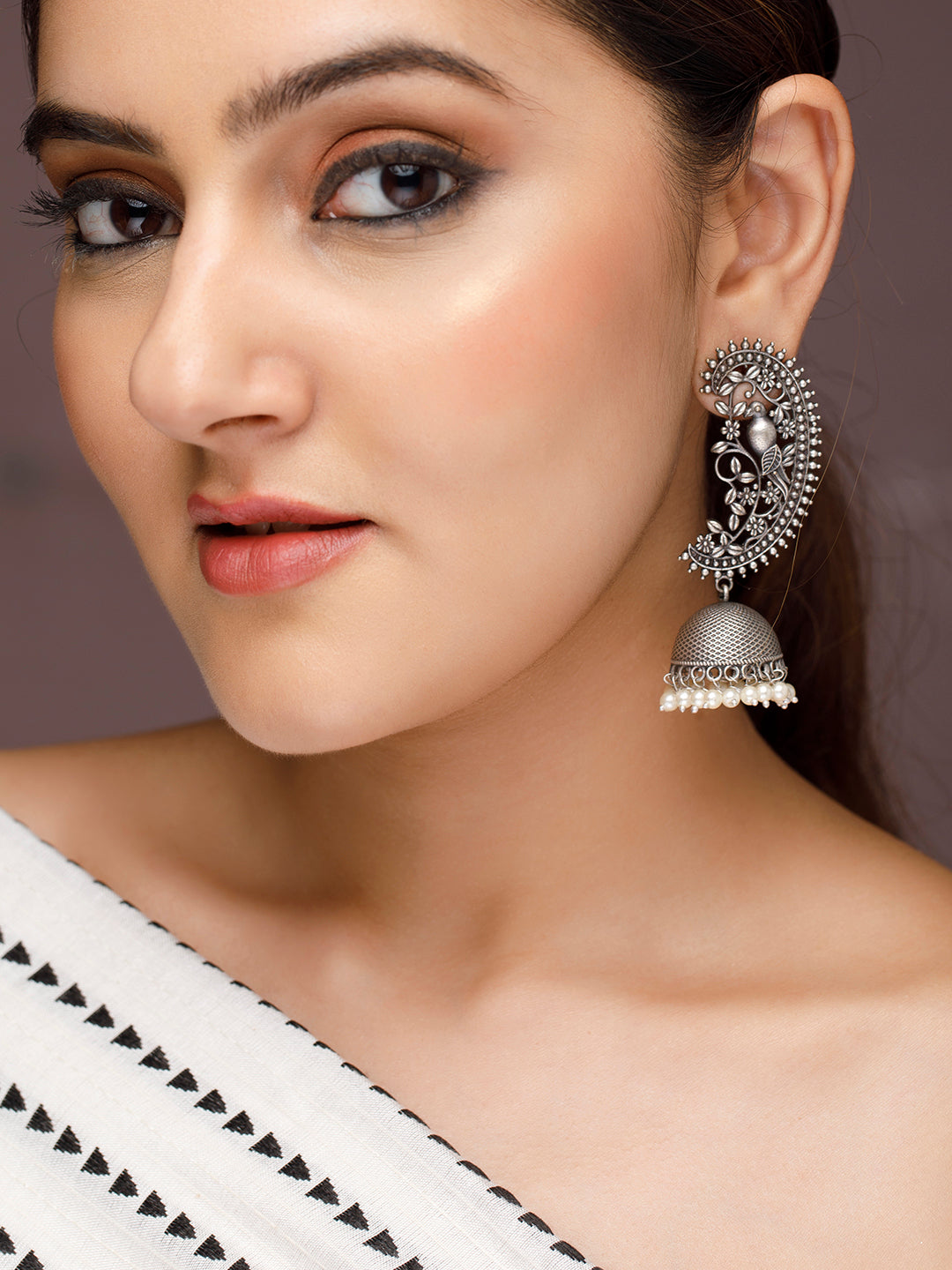 Rubans Women Silver-Toned Dome Shaped Jhumkas Earrings Silver