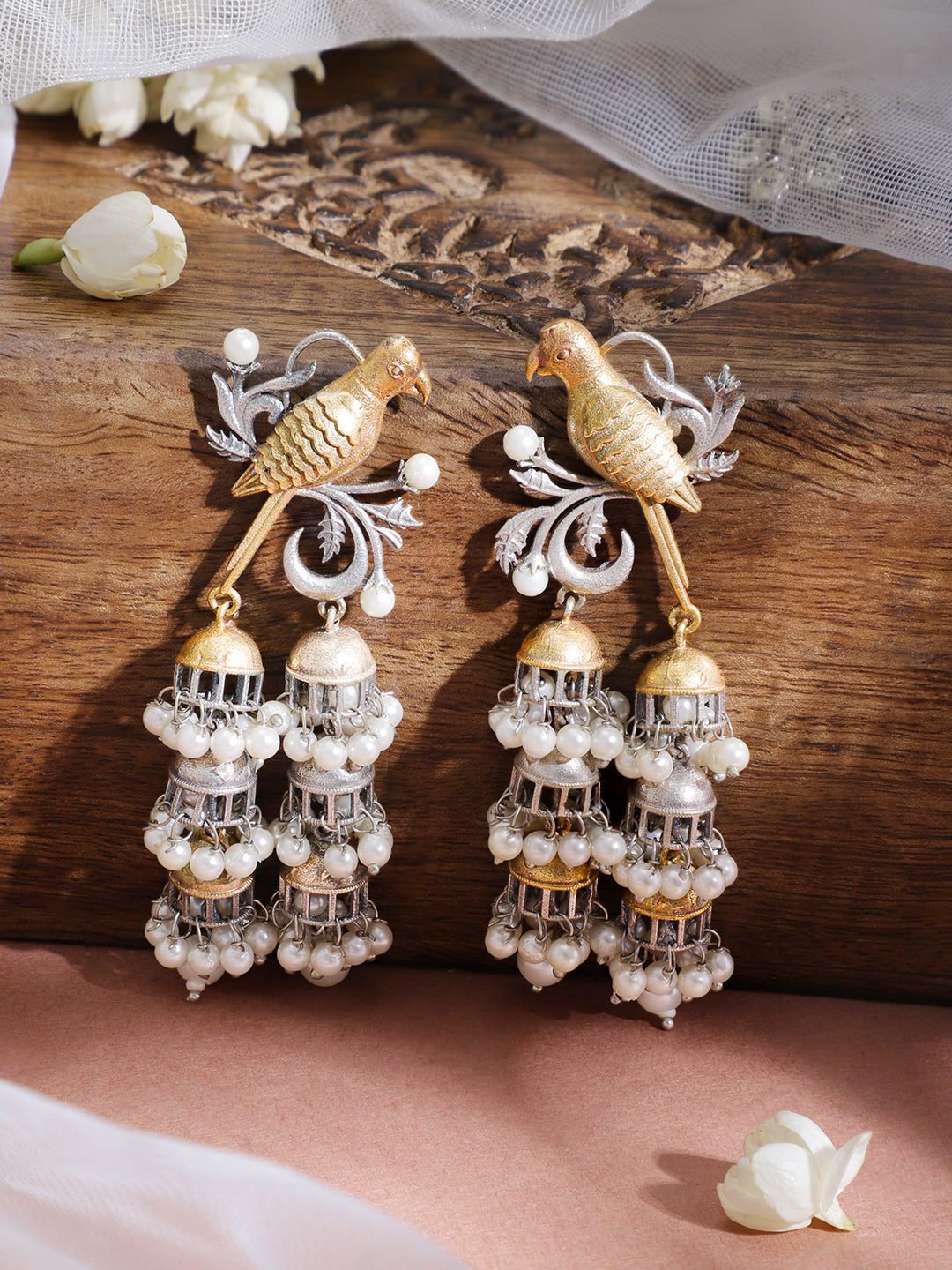 Heritage Bird Oxidised Jhumka dual tone