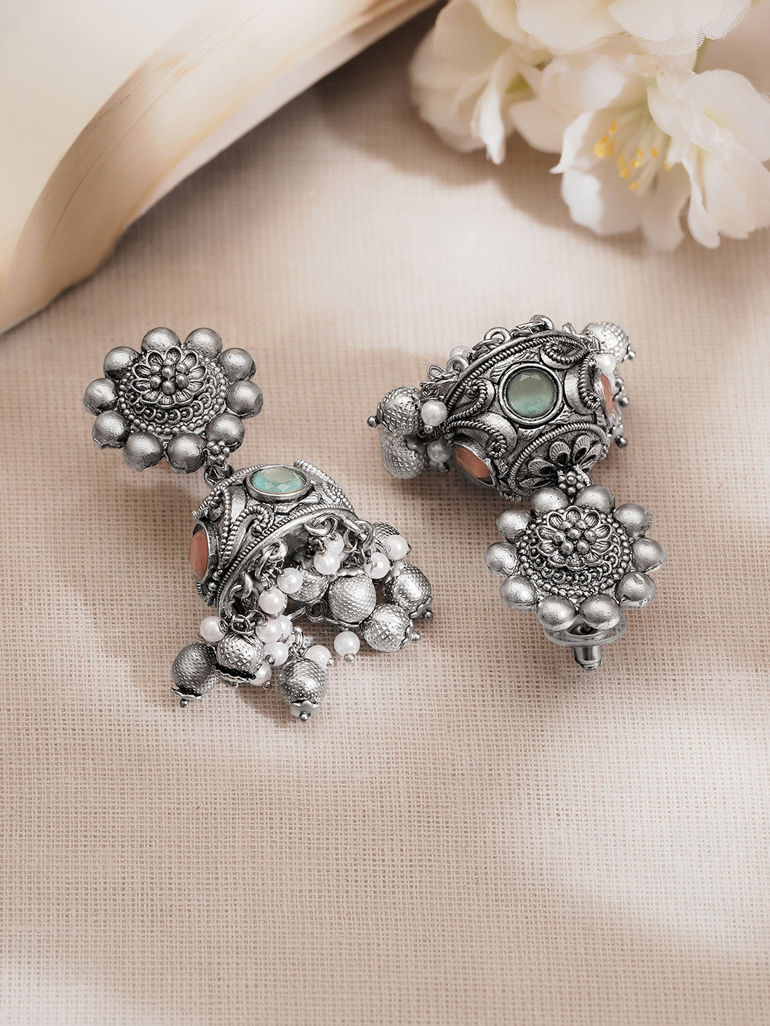 Silver Tone Brass Green Detail Pearl Ghungroo Jhumka Earrings フリーサイズ