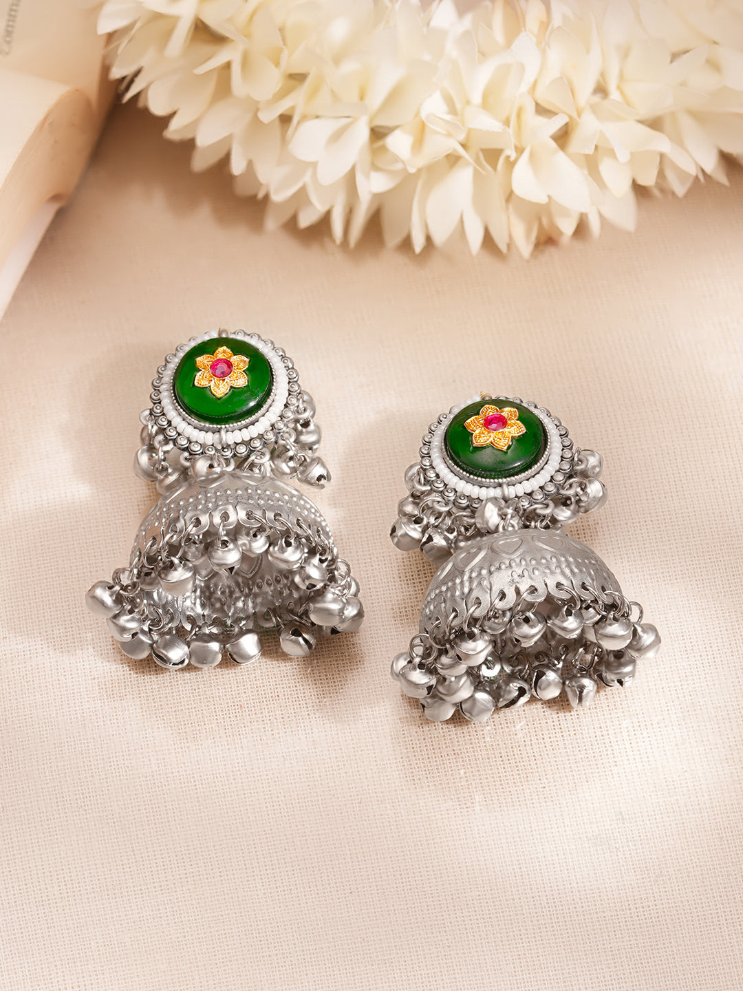 【Rubans】 Oxidised Green Enamel Antique Jhumka Earrings｜オキシダイズド グリーンエナメル アンティーク ジュムカイヤリング