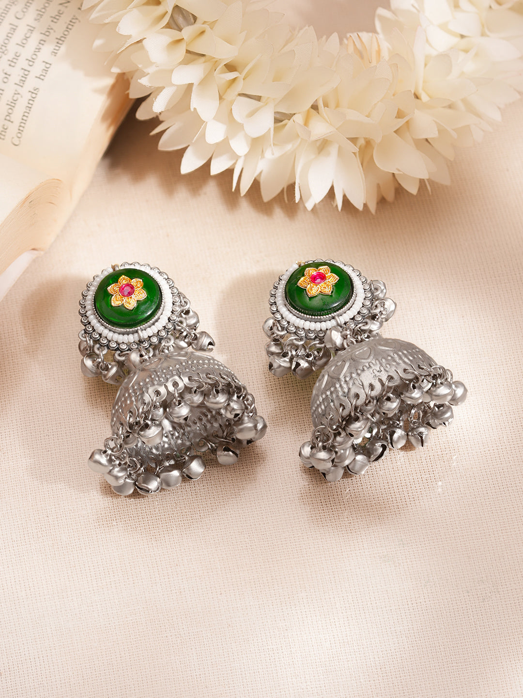 【Rubans】 Oxidised Green Enamel Antique Jhumka Earrings｜オキシダイズド グリーンエナメル アンティーク ジュムカイヤリング