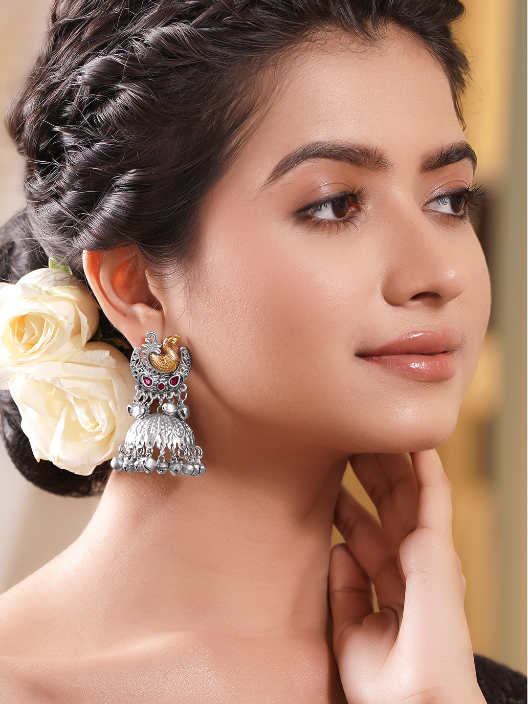 Oxidised Silver Tone Brass Pink Kundan Peacock Ghungroo Jhumka Earrings フリーサイズ