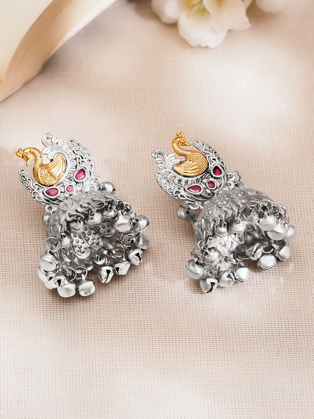 Oxidised Silver Tone Brass Pink Kundan Peacock Ghungroo Jhumka Earrings フリーサイズ