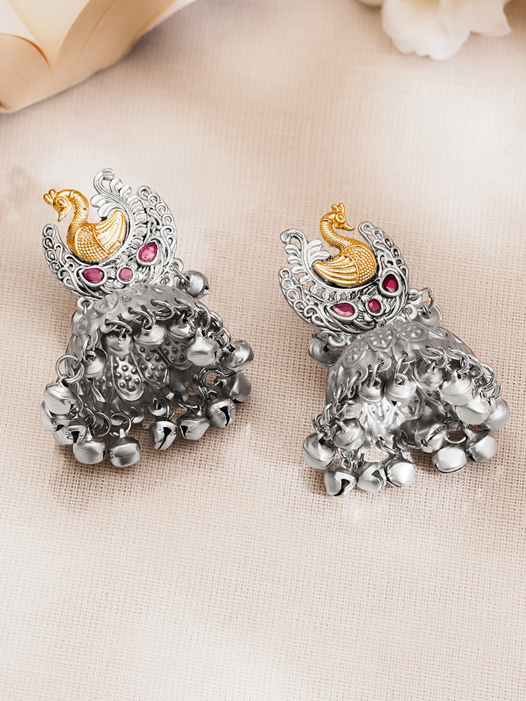 Oxidised Silver Tone Brass Pink Kundan Peacock Ghungroo Jhumka Earrings フリーサイズ