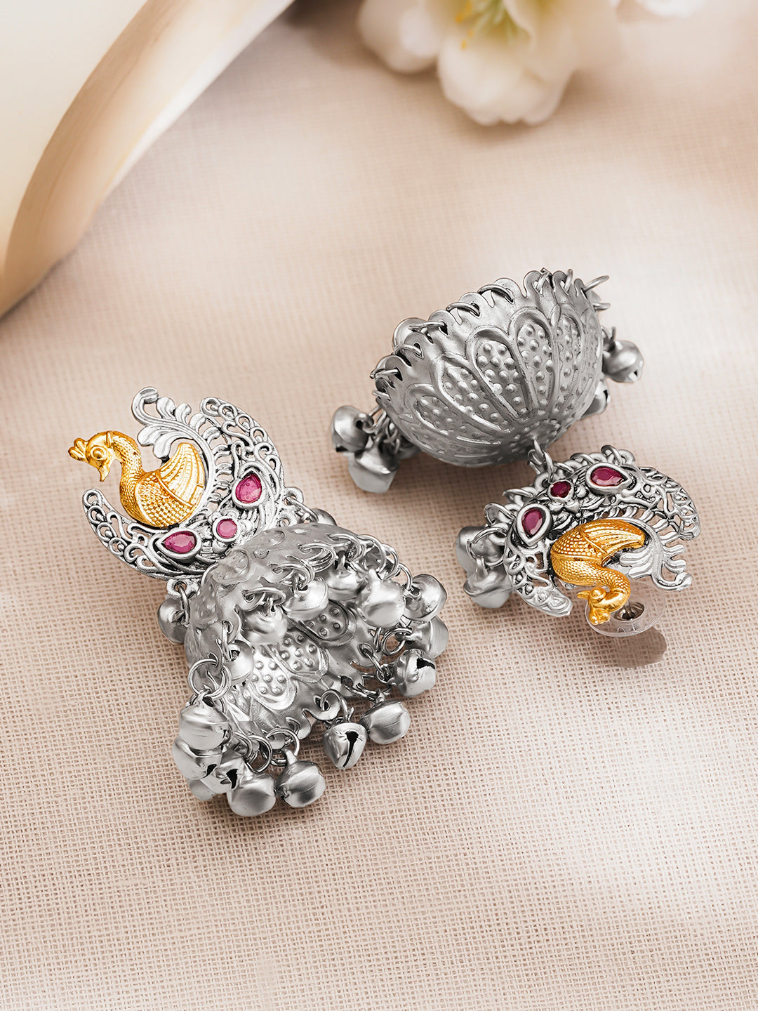Oxidised Silver Tone Brass Pink Kundan Peacock Ghungroo Jhumka Earrings フリーサイズ