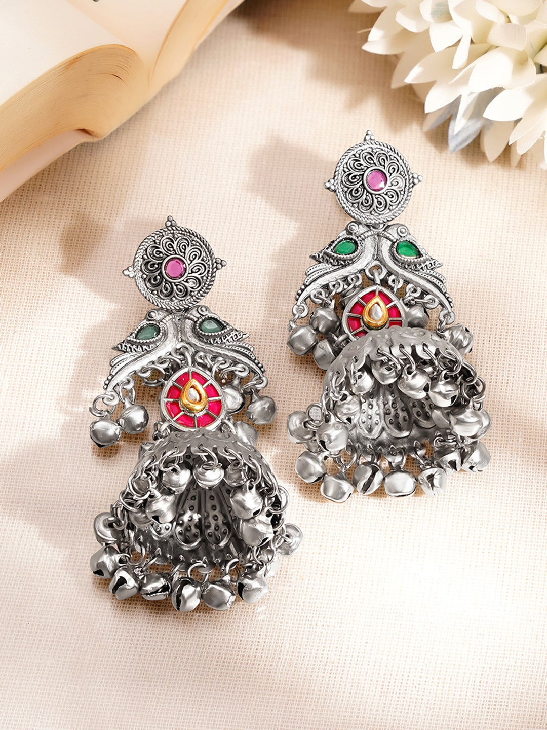 【Rubans】 Oxidised Peacock Motif Ghungroo Drop Dangler Jhumkas｜オキシダイズド 孔雀モチーフ グングルー ドロップ ダングラー ジュムカ