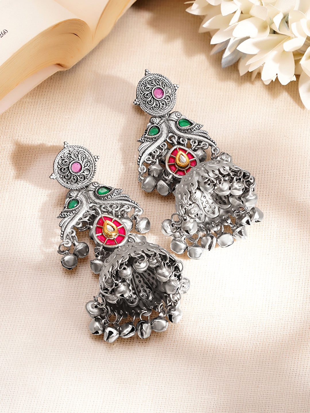 【Rubans】 Oxidised Peacock Motif Ghungroo Drop Dangler Jhumkas｜オキシダイズド 孔雀モチーフ グングルー ドロップ ダングラー ジュムカ