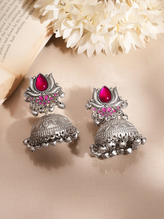 【Rubans】 Oxidised Lotus Ruby Charm Jhumka Earrings｜オキシダイズド ロータス ルビーチャーム ジュムカ イヤリング