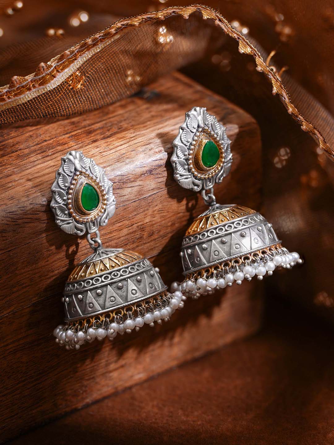 Oxidised Silver Tone Brass Green Detail Dome Pearl Jhumka Earrings フリーサイズ