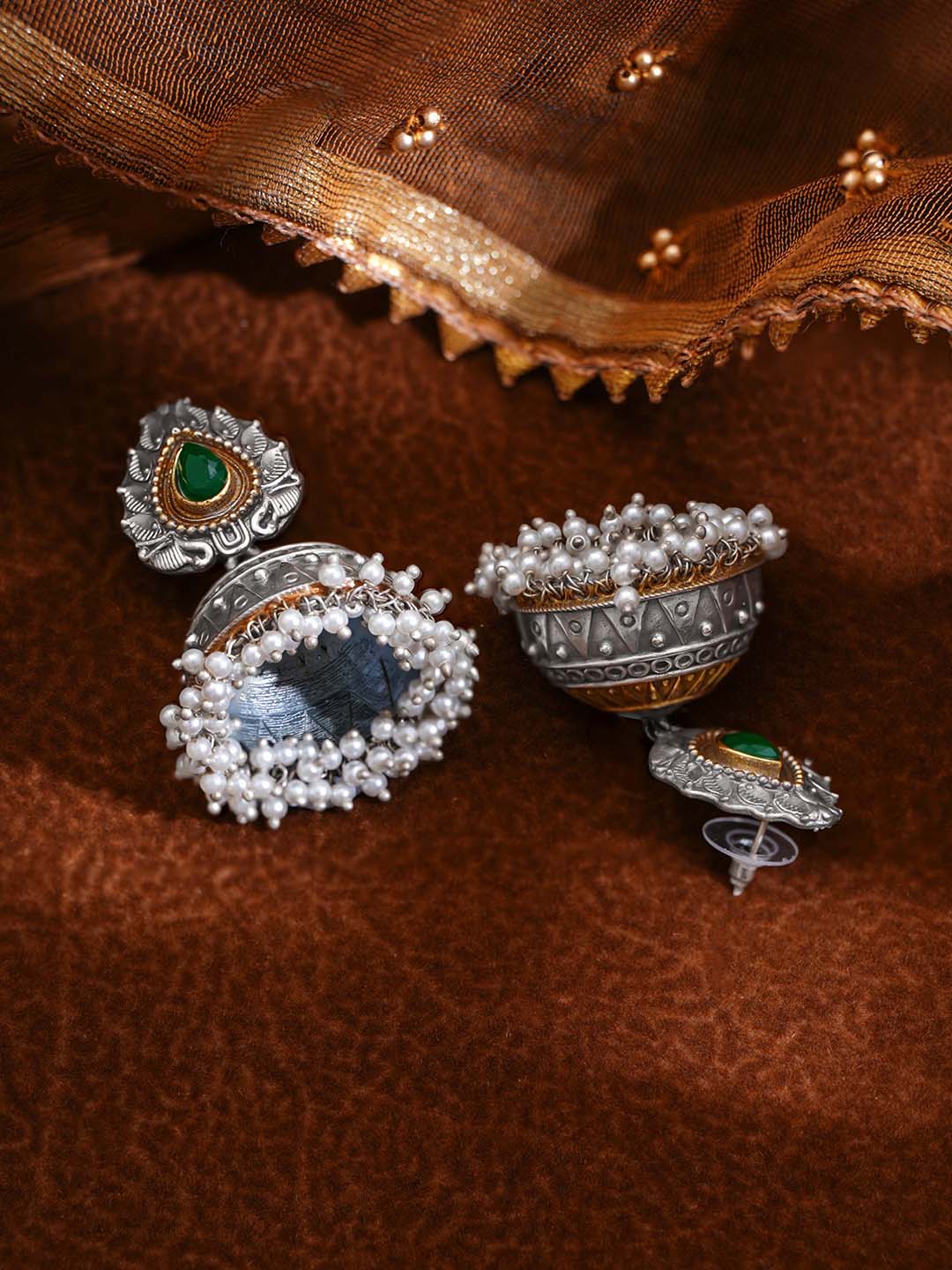 Oxidised Silver Tone Brass Green Detail Dome Pearl Jhumka Earrings フリーサイズ