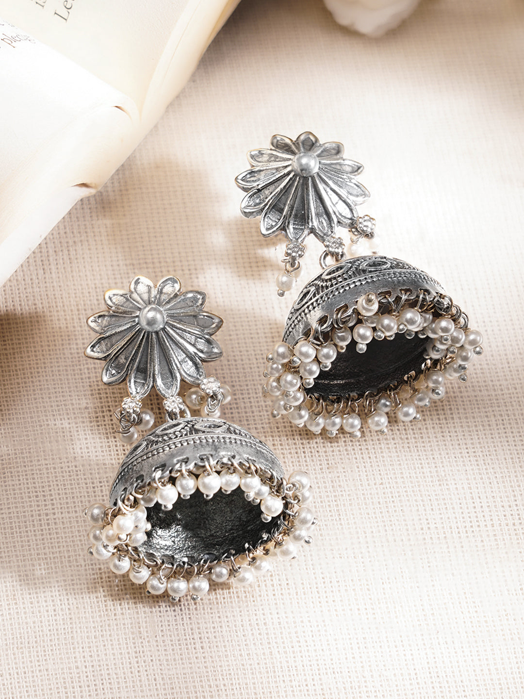 Oxidised Brass Floral Jhumka Earrings with White Pearl Hangings フリーサイズ