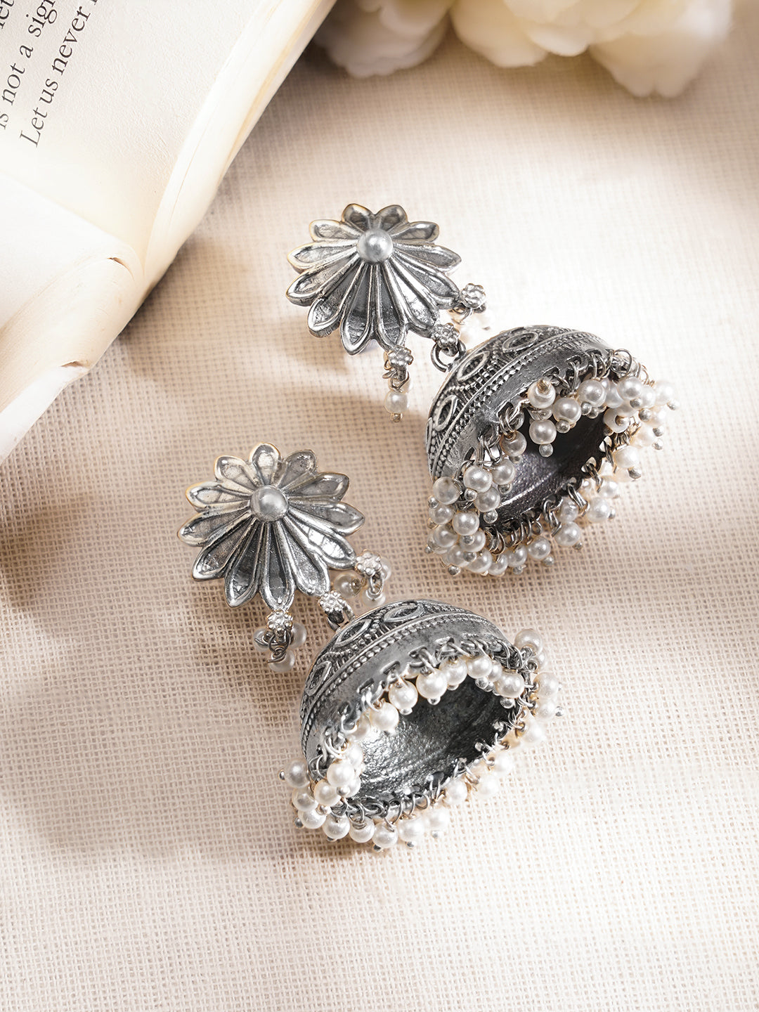 Oxidised Brass Floral Jhumka Earrings with White Pearl Hangings フリーサイズ