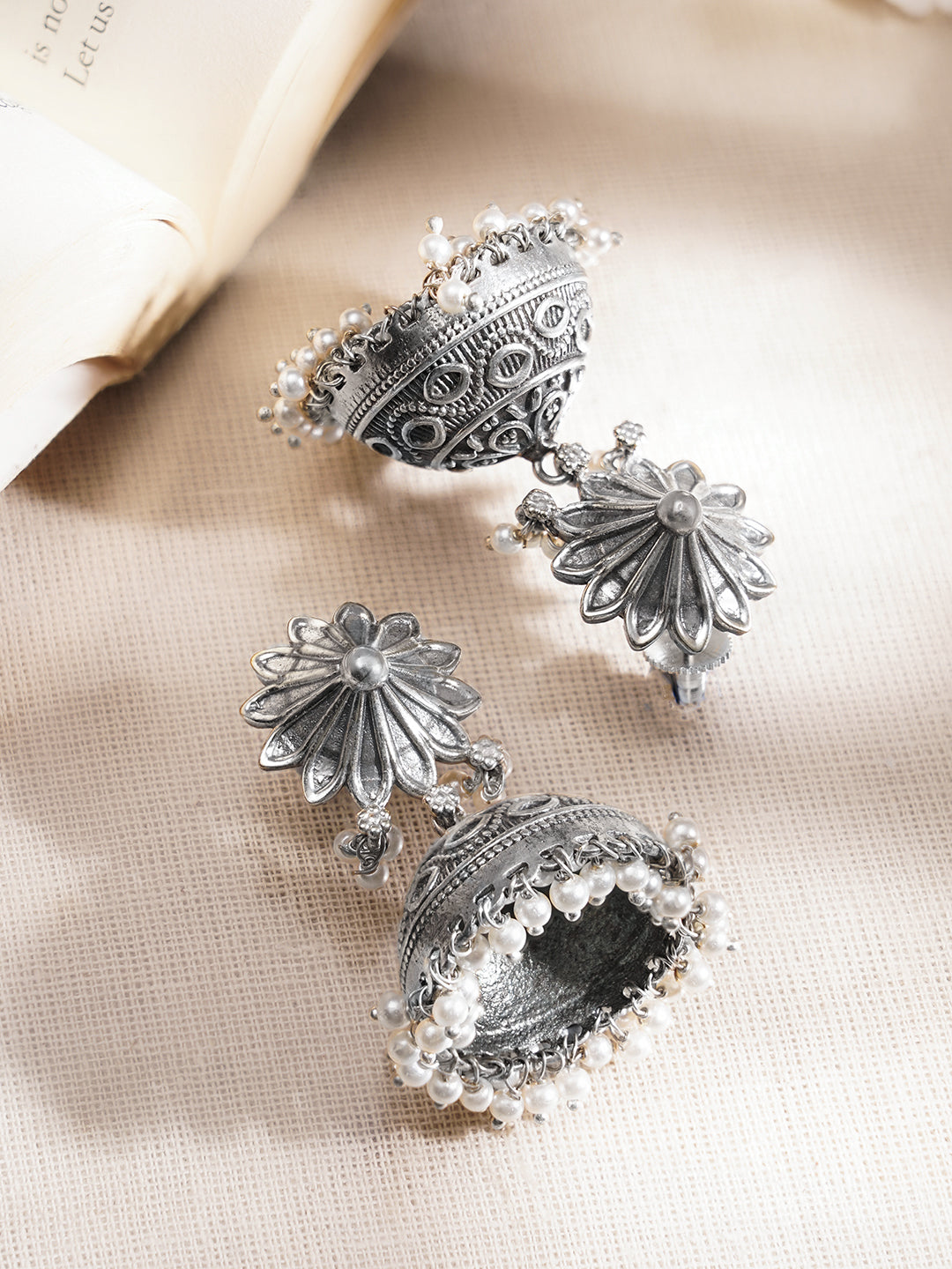 Oxidised Brass Floral Jhumka Earrings with White Pearl Hangings フリーサイズ