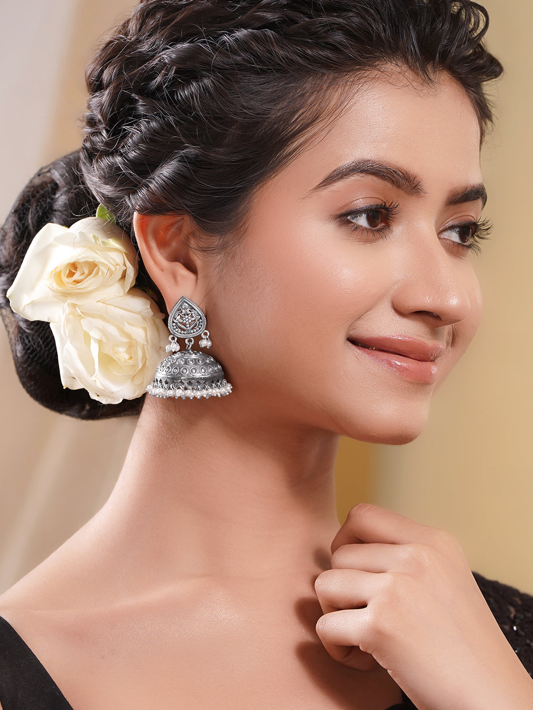 Oxidised Silver Tone Brass Dome Engraved Dome Traditional Jhumka Earrings フリーサイズ